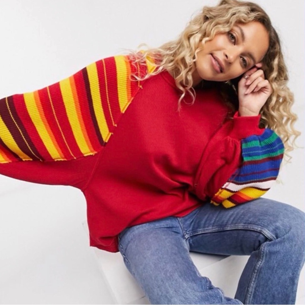 Free People Rainbow Dreams Waffle Knit Balloon Sleeve Top